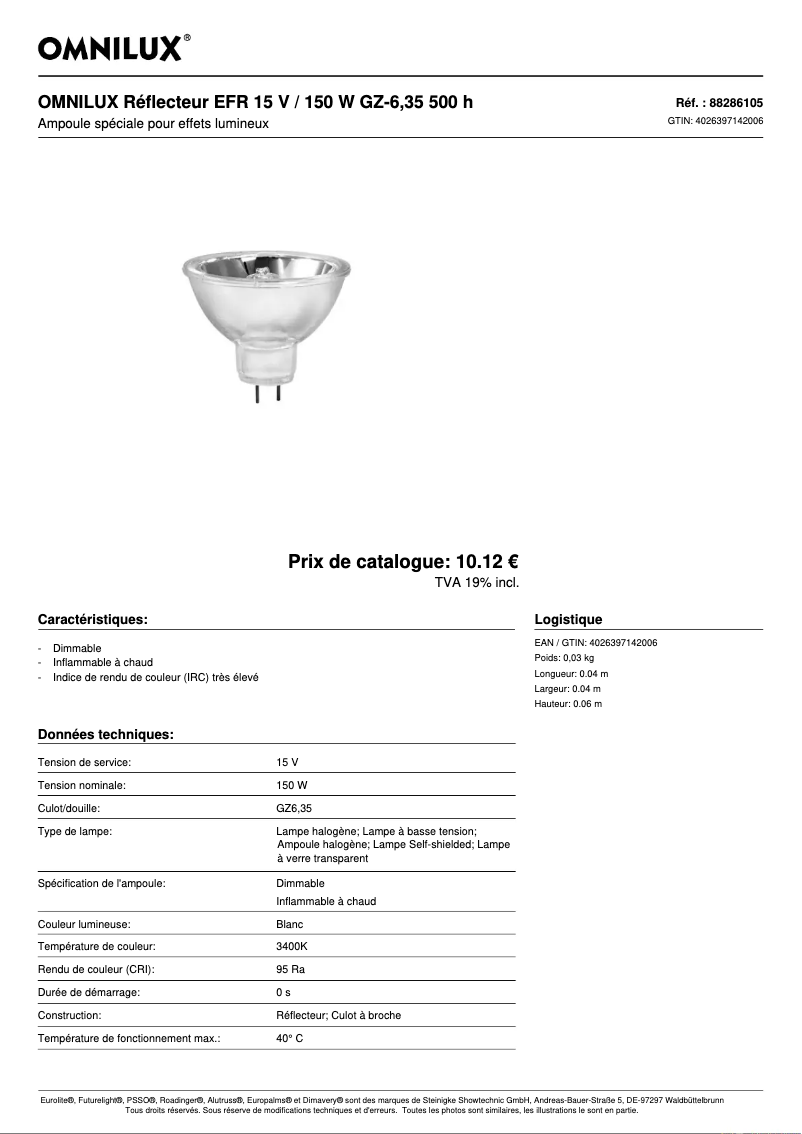 Page 1 de la notice Fiche technique Omnilux EFR 15 V