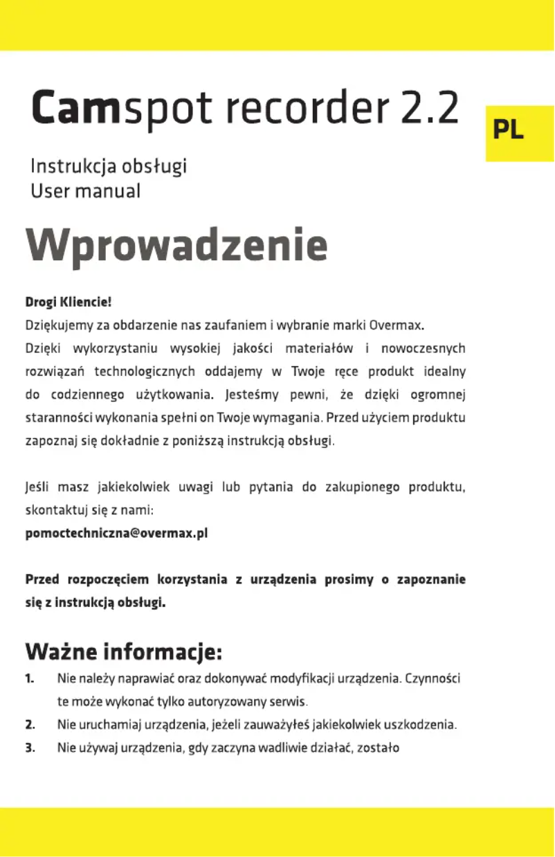 Page n°1 - Manuel utilisateur Overmax Camspot Recorder 2.2