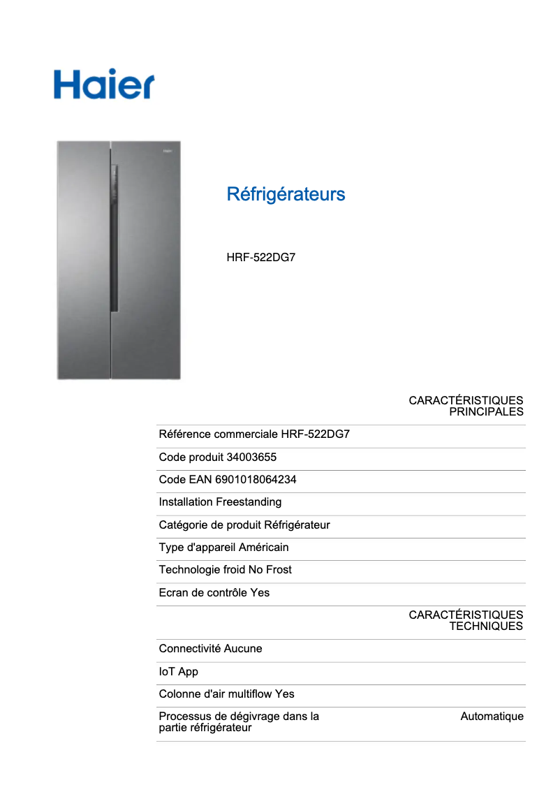 Page n°1 - Fiche technique Haier HRF-522DG7