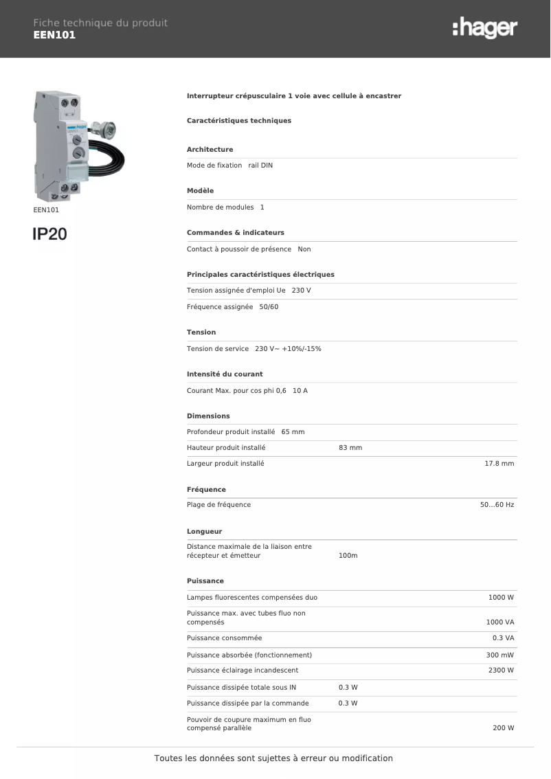 Page 1 de la notice Fiche technique Hager EEN101