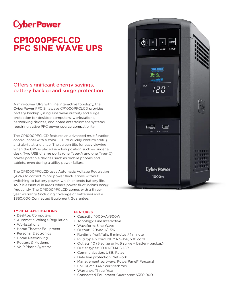 Página 1 del manual Ficha técnica CyberPower CP1000PFCLCD