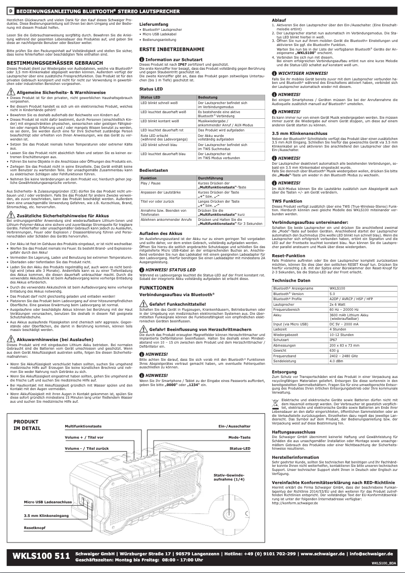Page 1 de la notice Manuel utilisateur Schwaiger WKLS100 511