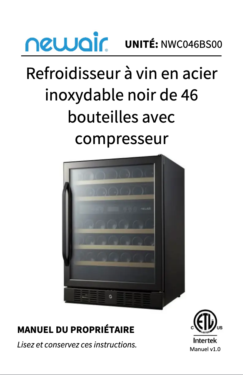 Page 1 de la notice Manuel utilisateur NewAir NWC046BS00