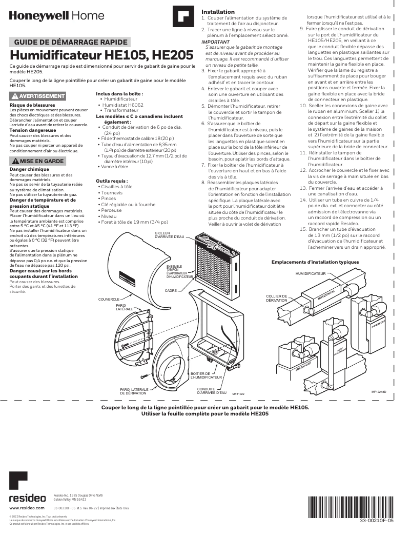 Page 1 de la notice Guide de démarrage rapide Honeywell HE205A1000