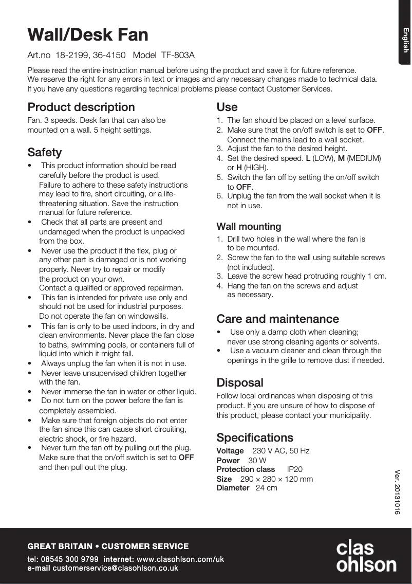 Page n°1 - Manuel utilisateur Clas Ohlson TF-803A