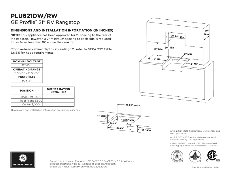 Page n°1 - Fiche technique GE Profile PLU621RWSS