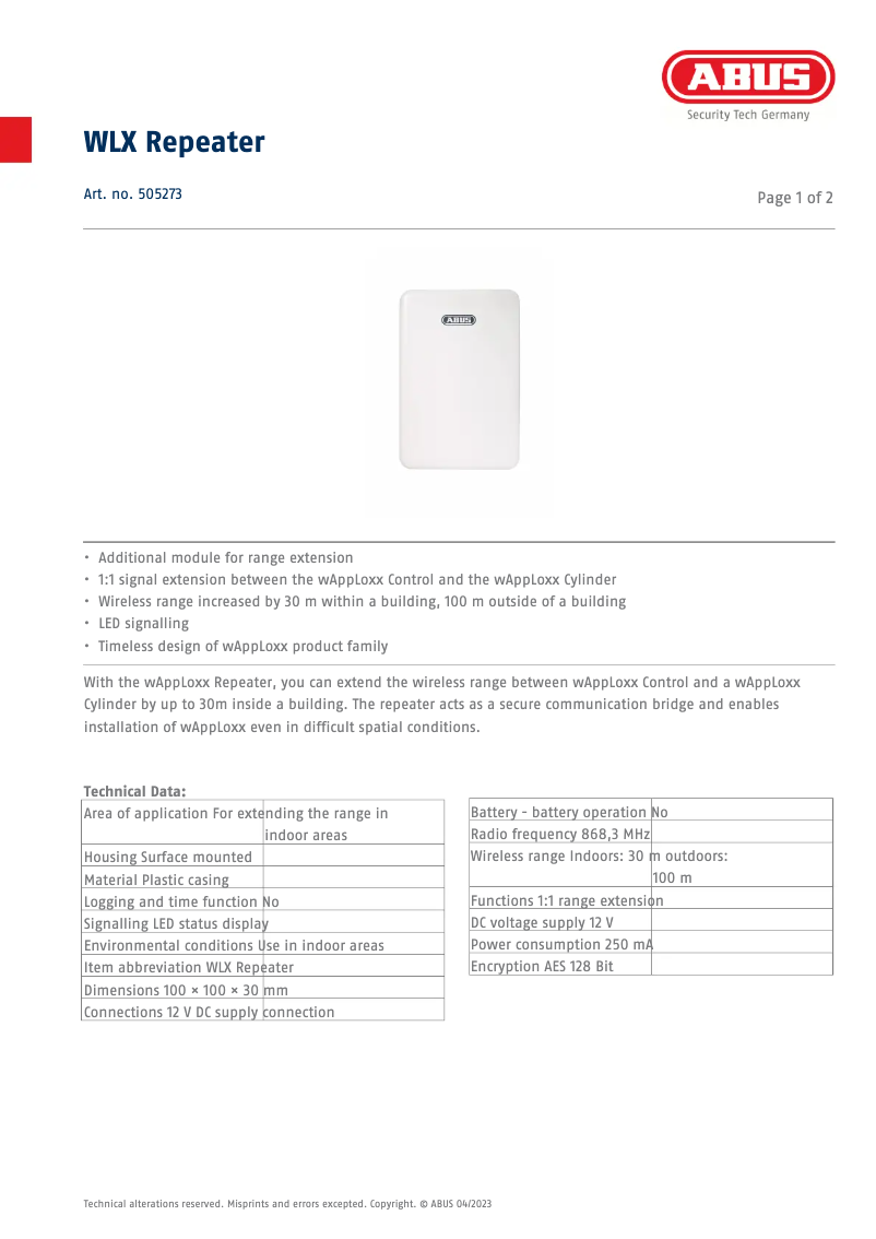 Page n°1 - Fiche technique Abus WLX Repeater