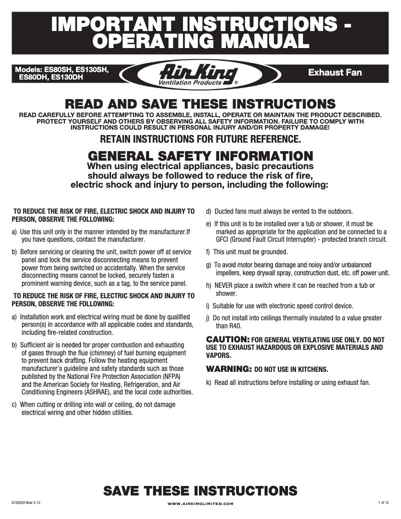 Page 1 de la notice Guide d'installation Air King E130SH