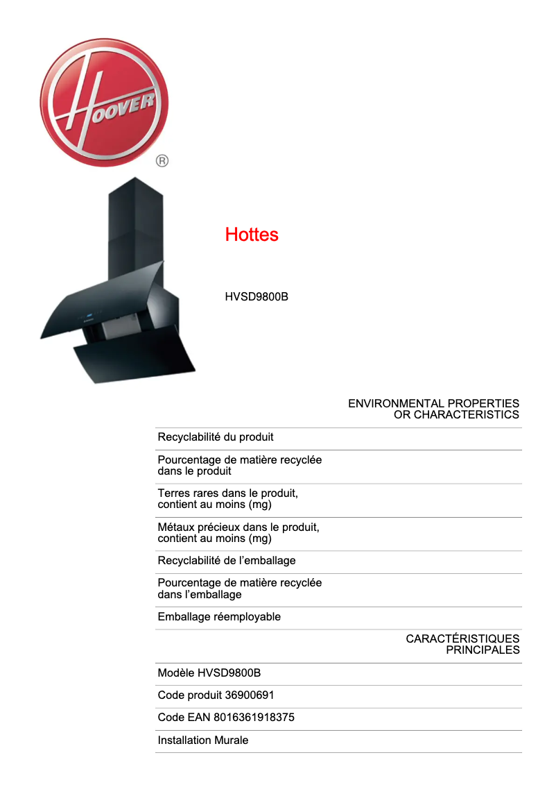 Page 1 de la notice Fiche technique Hoover HVSD9800B