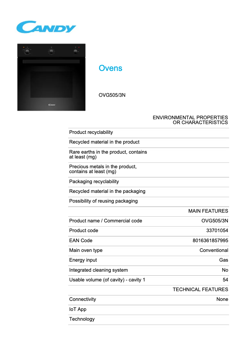 Page 1 de la notice Fiche technique Candy OVG505/3N