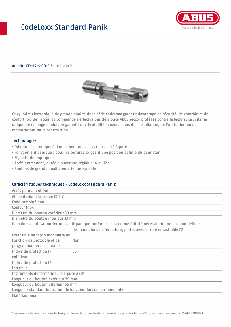 Page 1 de la notice Fiche technique Abus CLX-LA-S-00-P