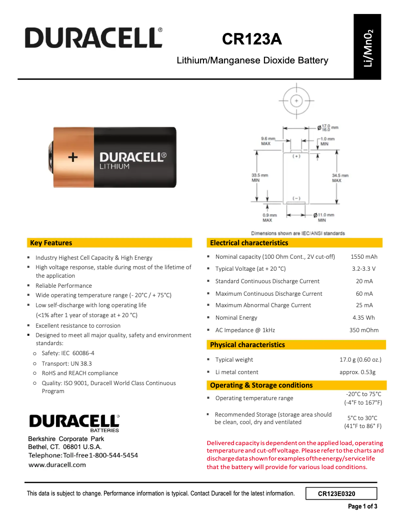 Page 1 de la notice Manuel utilisateur Duracell CR123