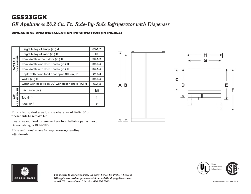 Page 1 de la notice Fiche technique GE GSS23GMKES