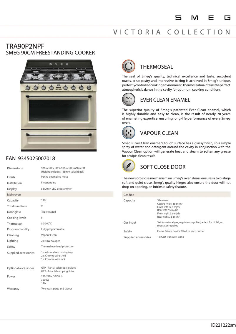 Page 1 de la notice Fiche technique Smeg TRA90P2NPF