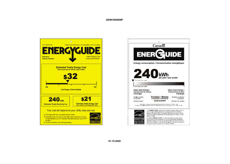 Page 1 de la notice Label énergétique Danby DDW1805EWP