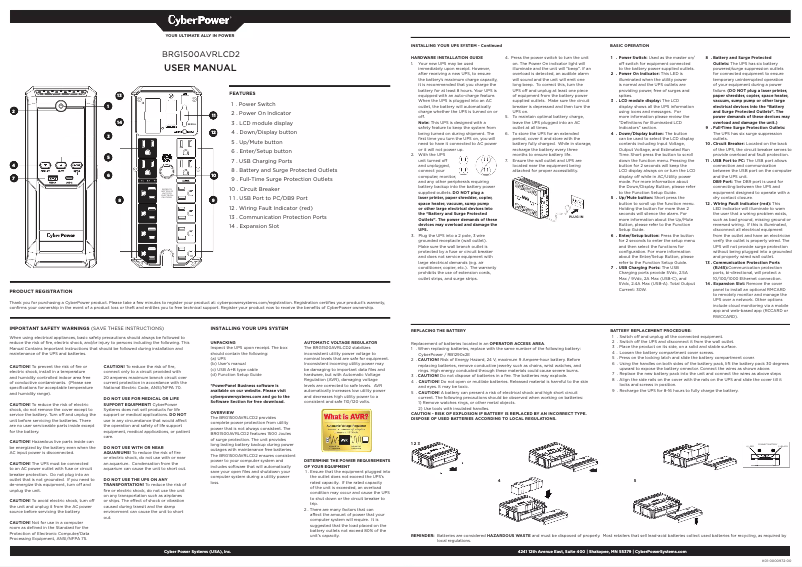 Page n°1 - Manuel utilisateur CyberPower BRG1500AVRLCD2