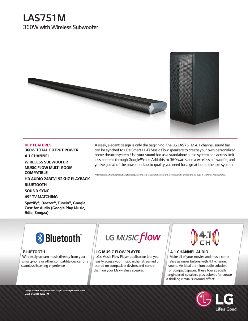 Page 1 de la notice Fiche technique LG LAS751M