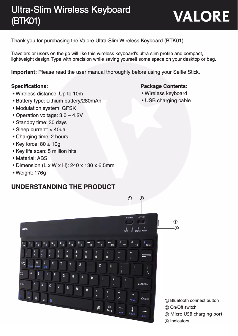 Page 1 de la notice Manuel utilisateur Valore BTK01