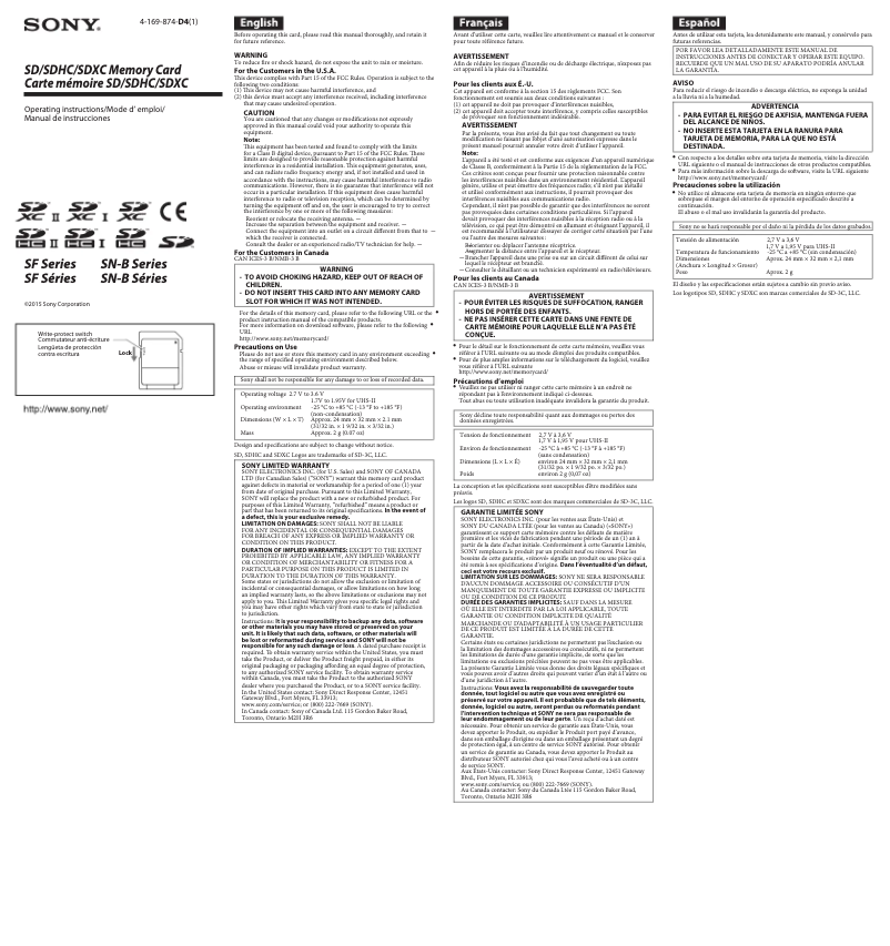 Page 1 de la notice Manuel utilisateur Sony SF-G1UY