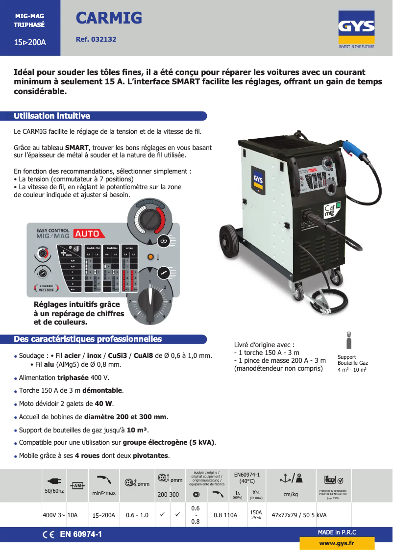 Page 1 de la notice Fiche technique GYS Carmig
