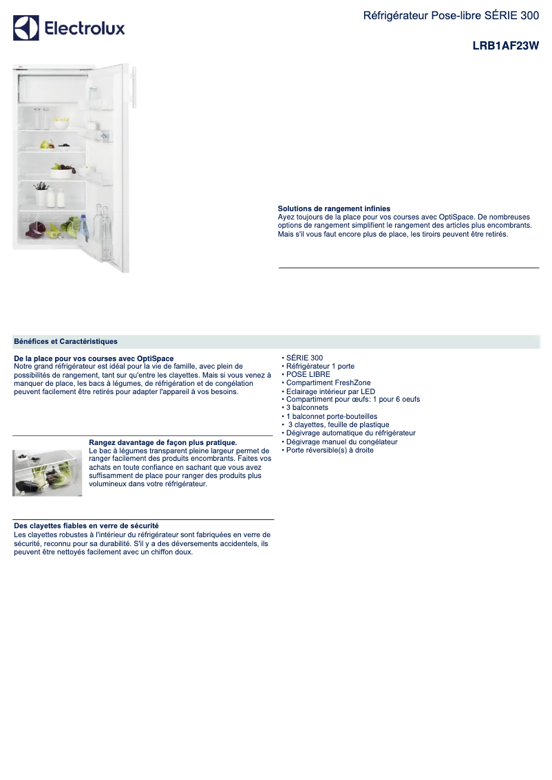 Page 1 de la notice Fiche technique Electrolux LRB1AF23W