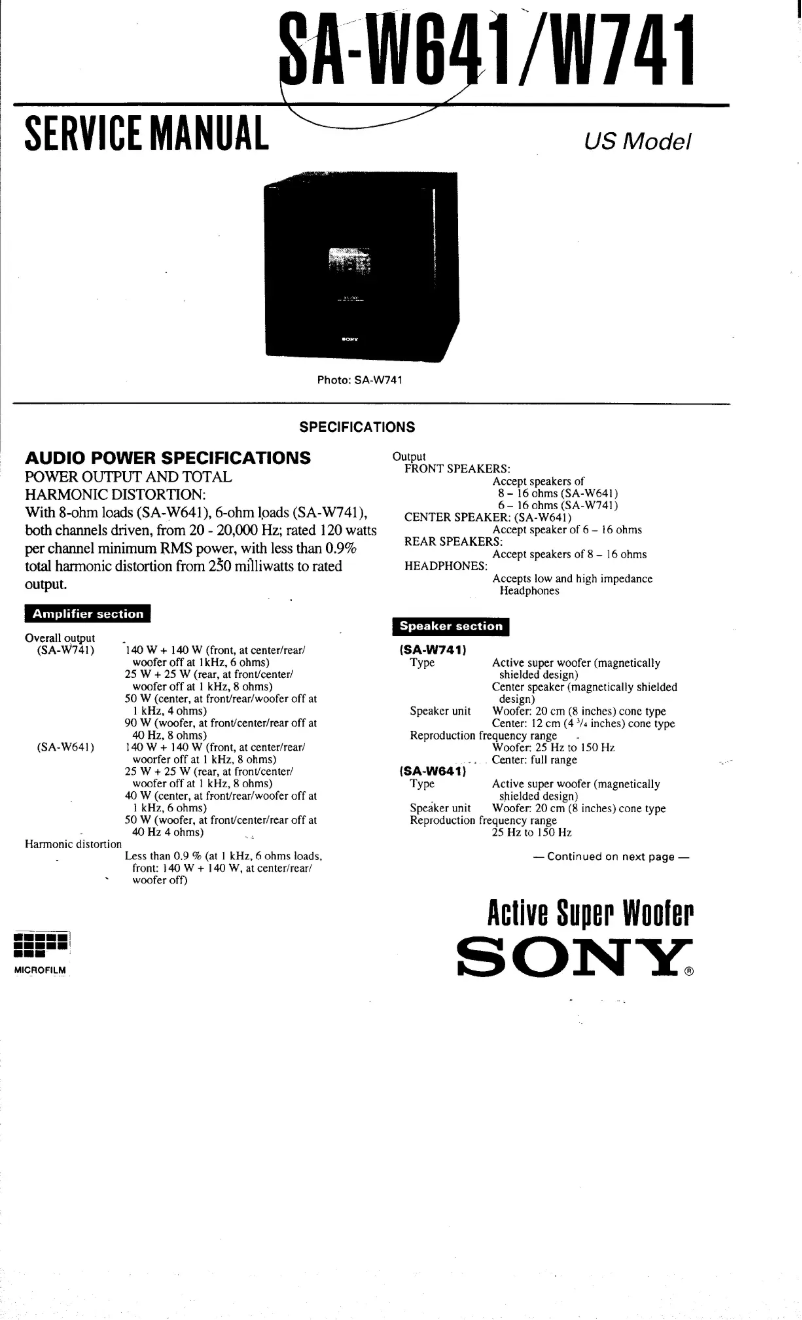 Page n°1 - Manuel utilisateur Sony SA-W641