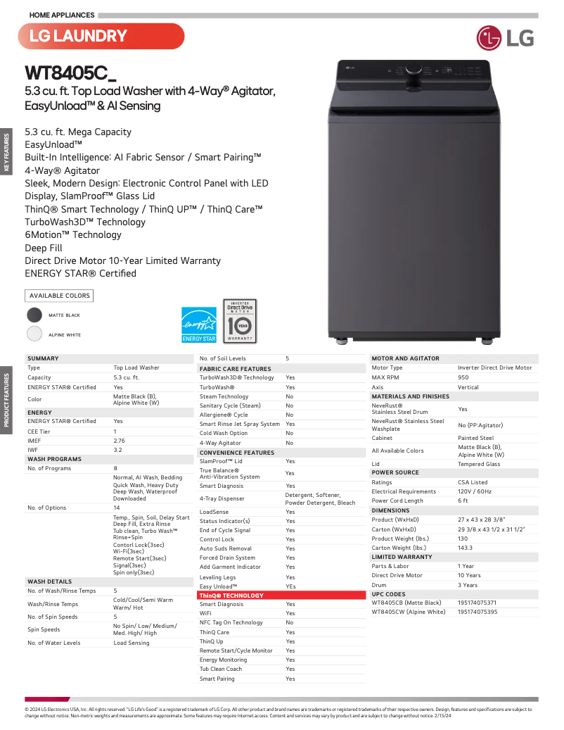 Page n°1 - Fiche technique LG WT8405CW