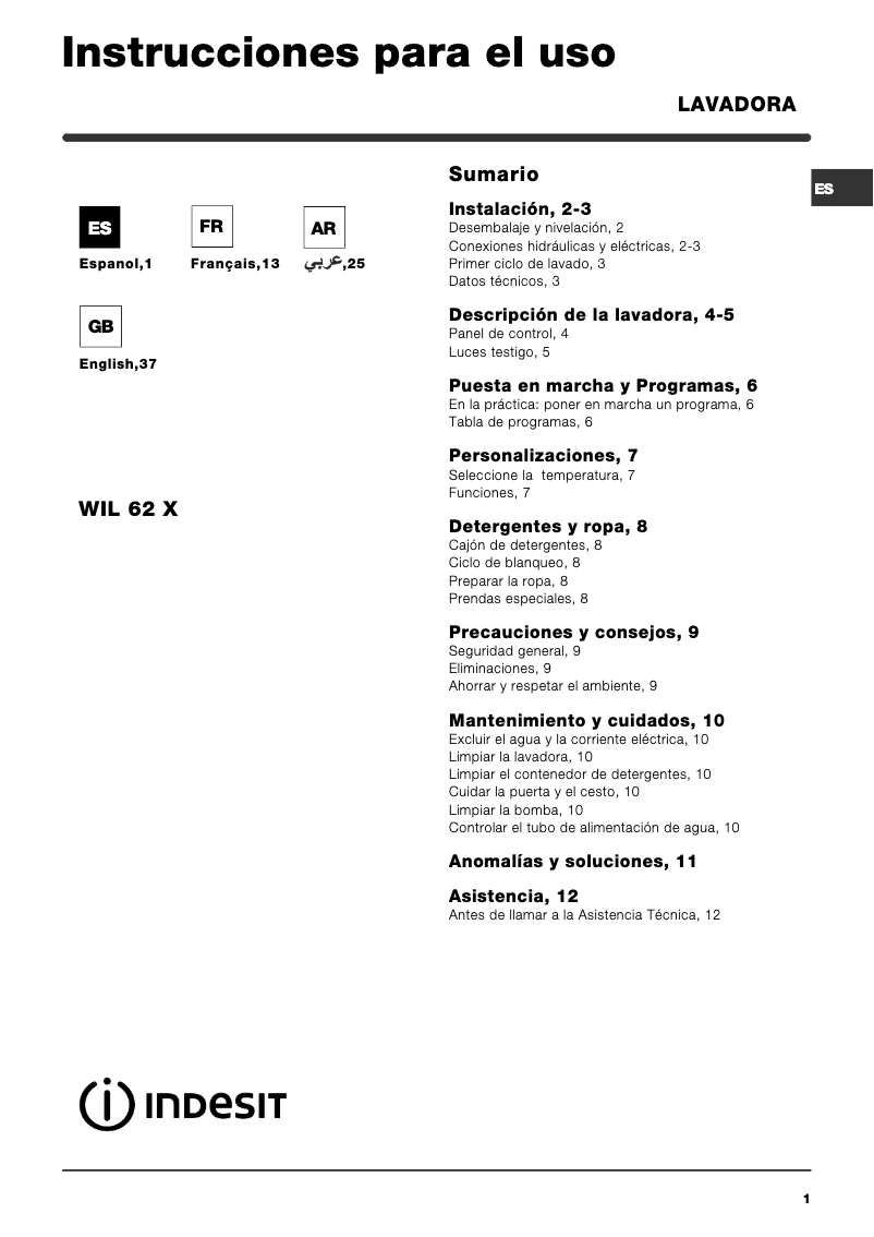Page n°1 - Manuel utilisateur Indesit WIL 62 X (EX)