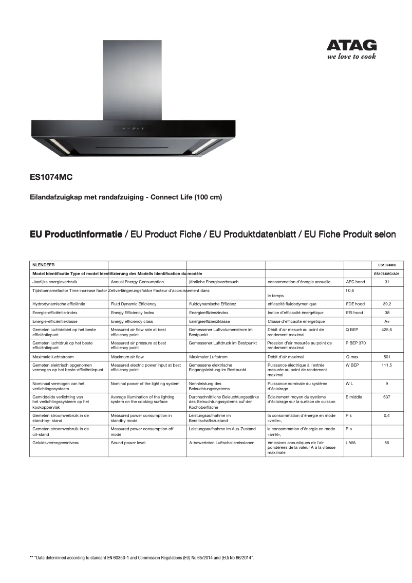Page 1 de la notice Fiche technique Atag ES1074MC