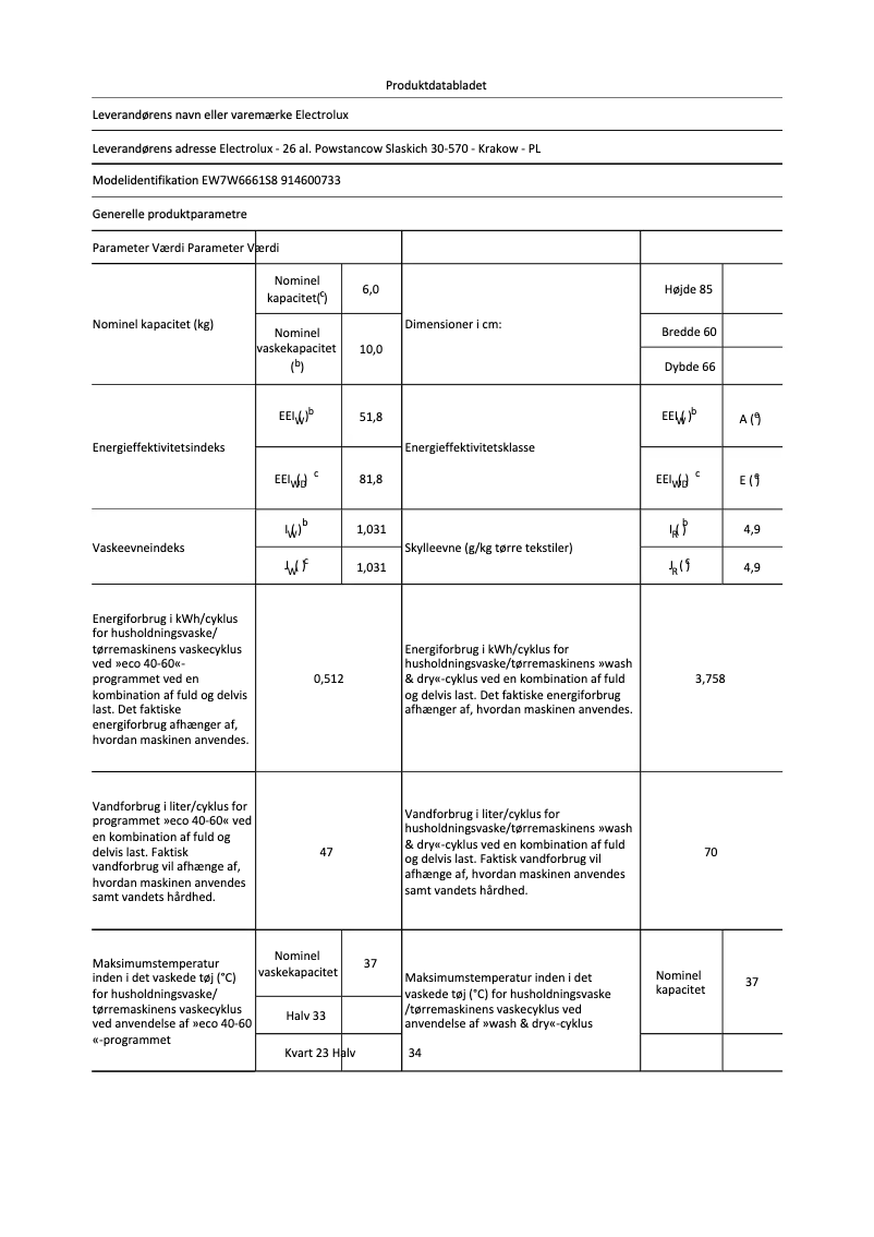 Page 1 de la notice Fiche technique Electrolux EW7W6661S8