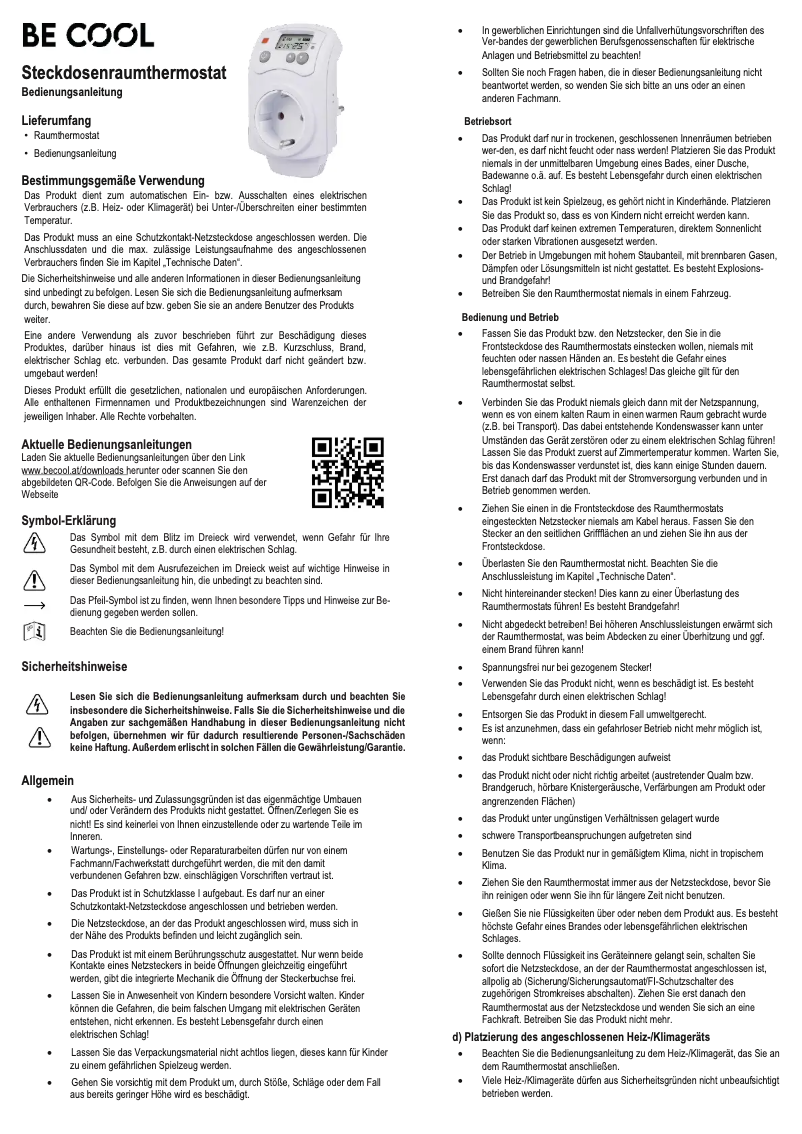 Page 1 de la notice Manuel utilisateur Be Cool BC23SRT01