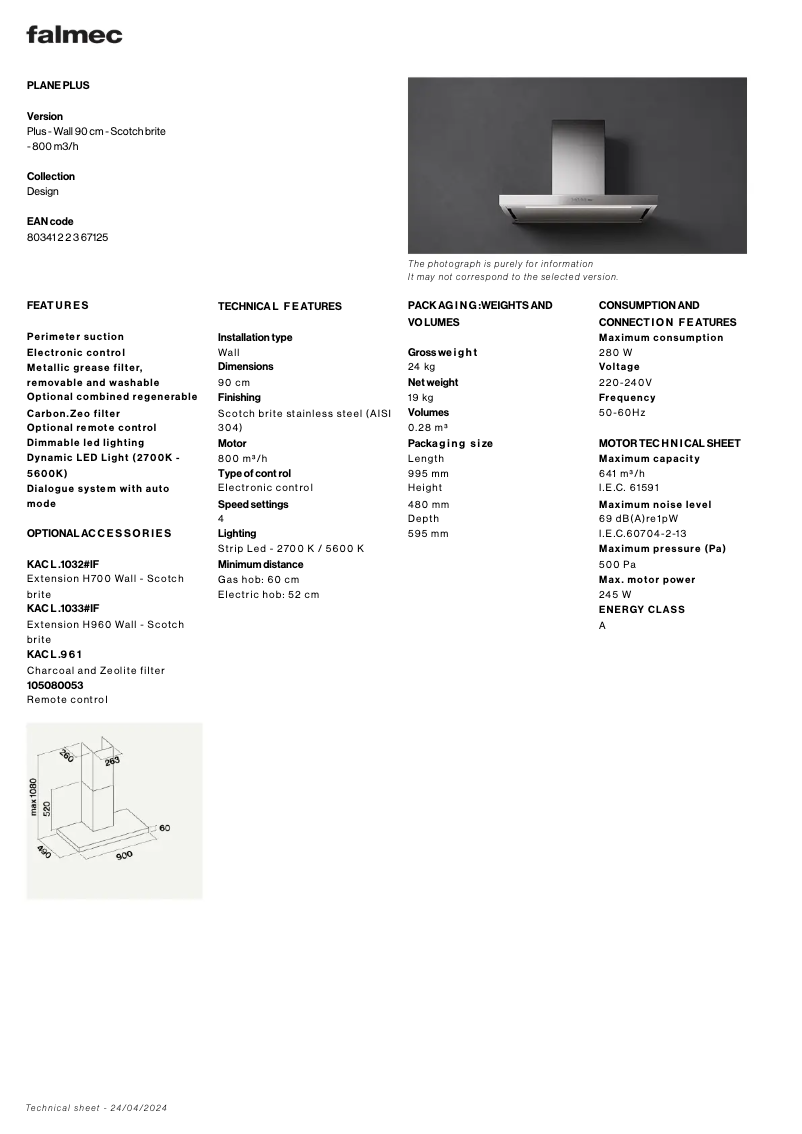 Page 1 de la notice Fiche technique Falmec Plane Plus