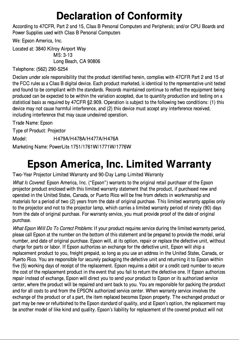 Página 1 del manual Información de garantía Epson PowerLite 1761W
