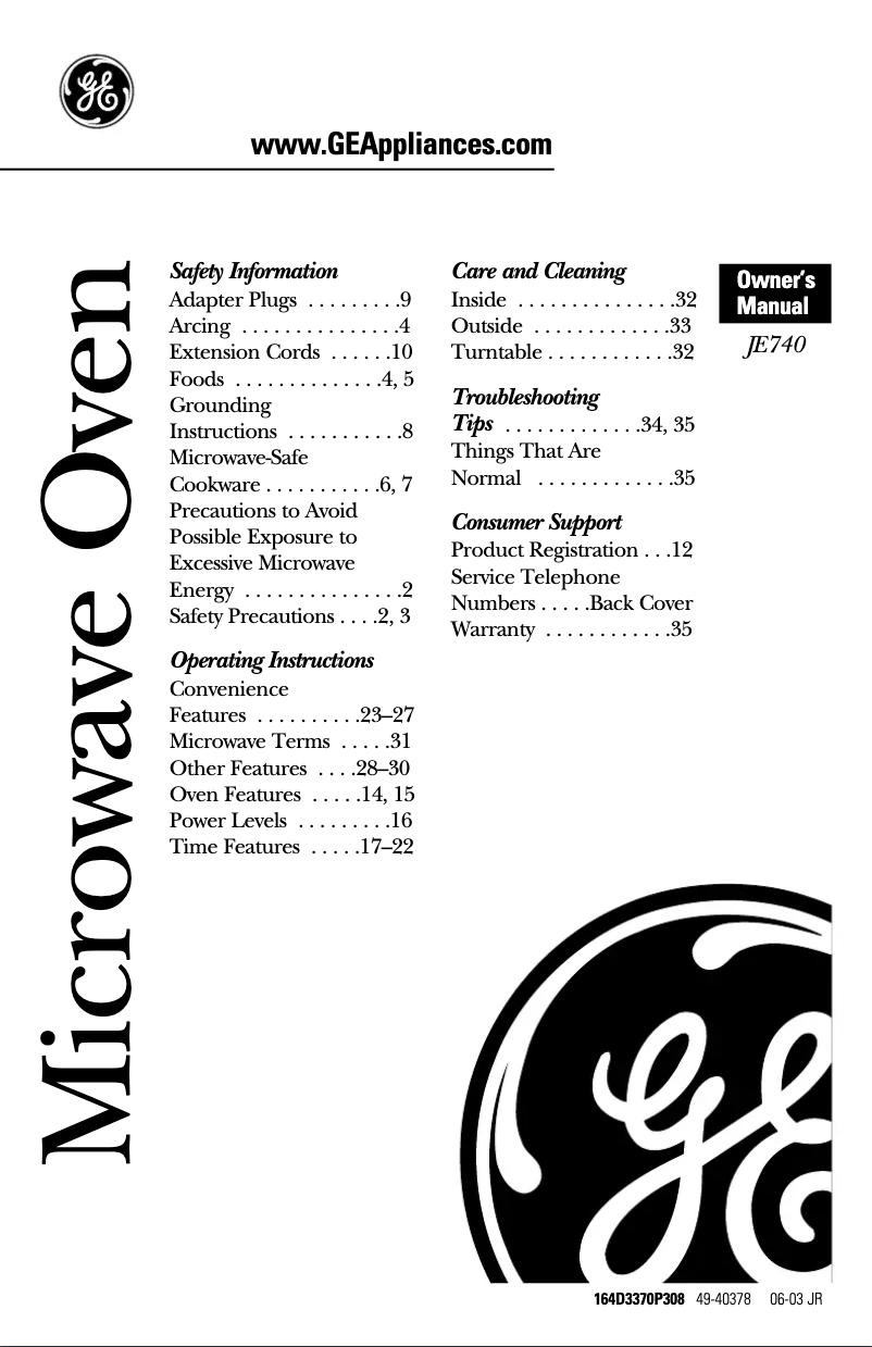 Page 1 de la notice Manuel d'utilisation et d'entretien GE JE740GY