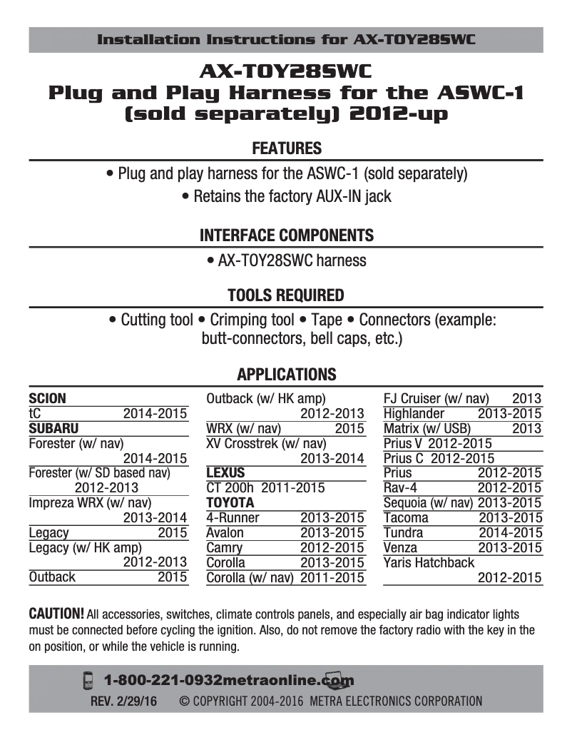 Page n°1 - Manuel utilisateur Metra AX-TOY28SWC