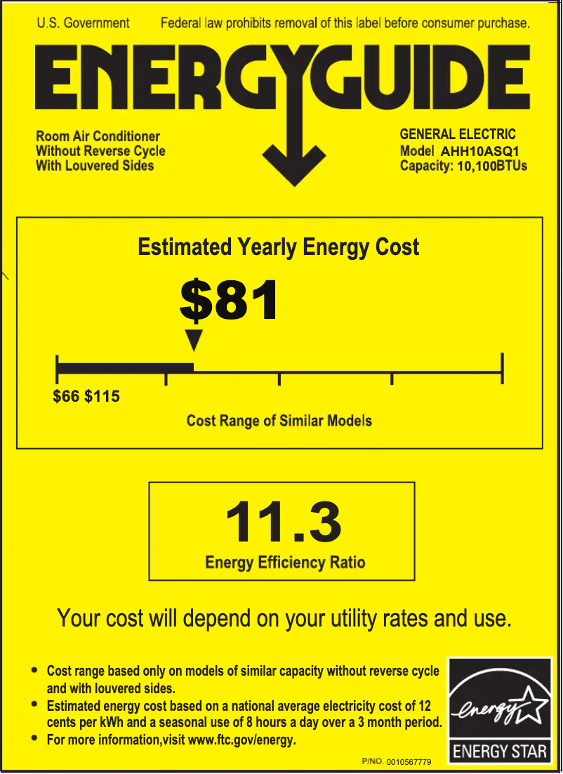 Page 1 de la notice Label énergétique GE AHH10AS