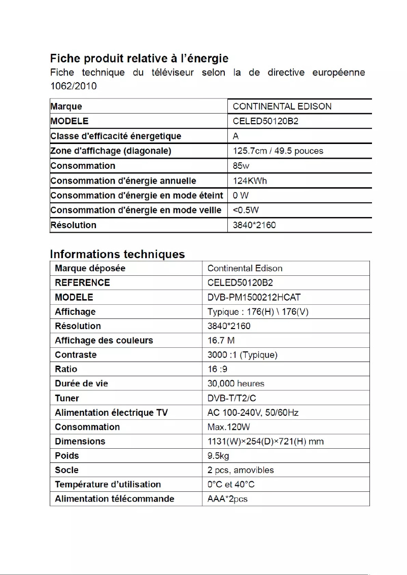 Page 1 de la notice Label énergétique Continental Edison CELED50120B2