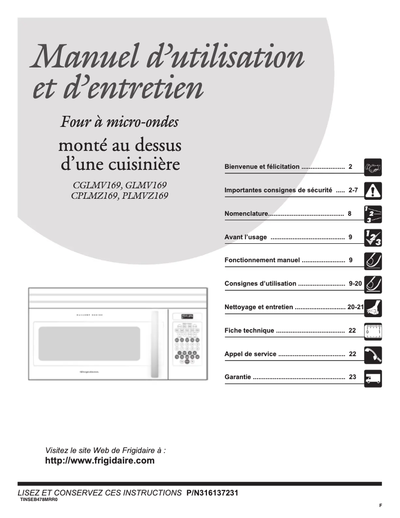 Page n°1 - Manuel utilisateur Frigidaire PLMVZ169GC