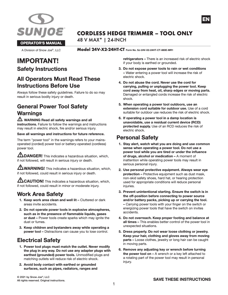 Página 1 del manual Manual de usuario Sun Joe 24V-X2-24HT-CT