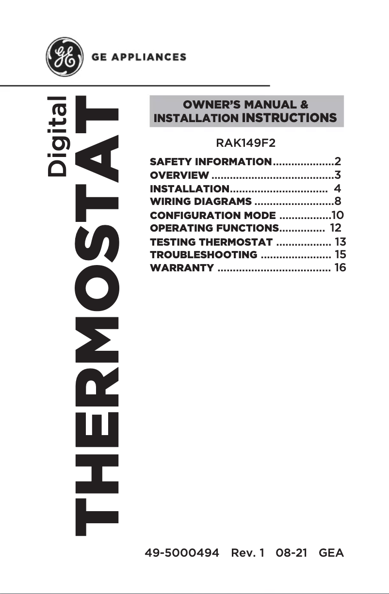 Page 1 de la notice Manuel d'utilisation et d'entretien GE RAK149F2