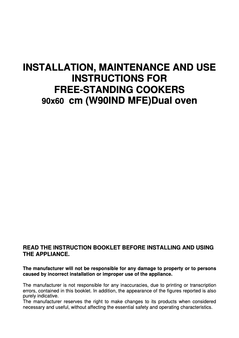 Page 1 de la notice Manuel utilisateur Bertazzoni W90 IND MFE NE