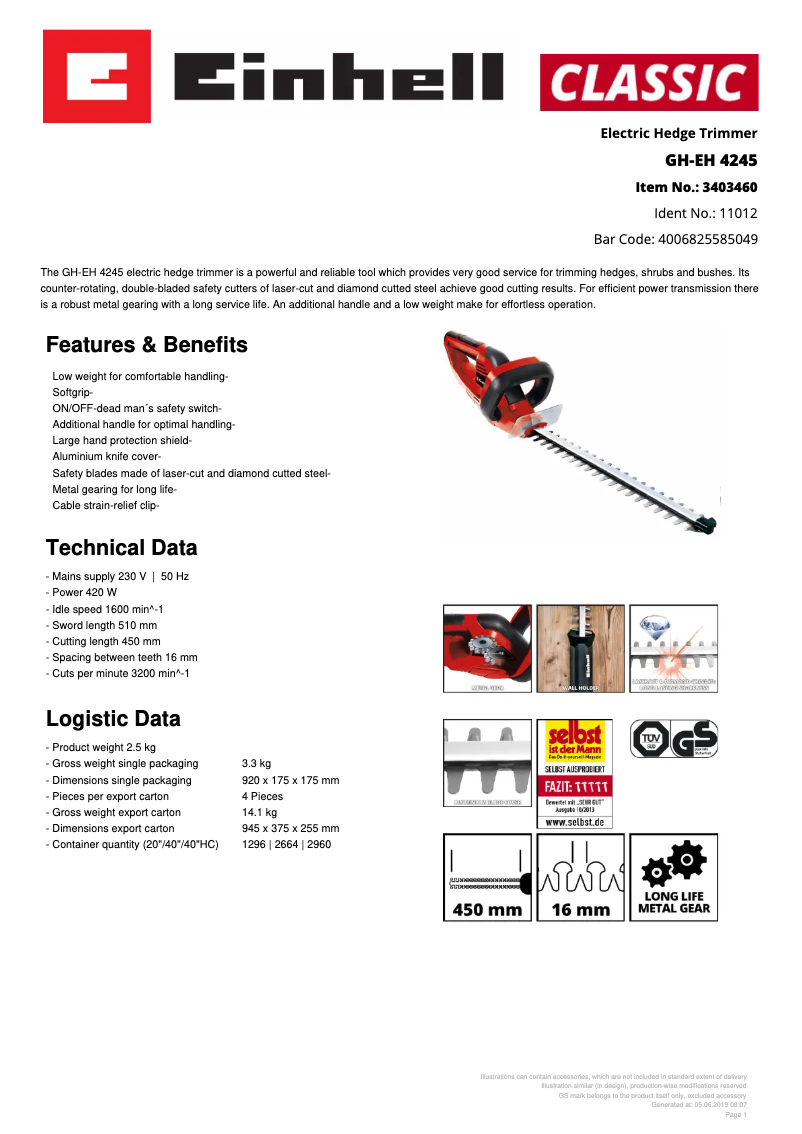 Page 1 de la notice Fiche technique Einhell GH-EH 4245