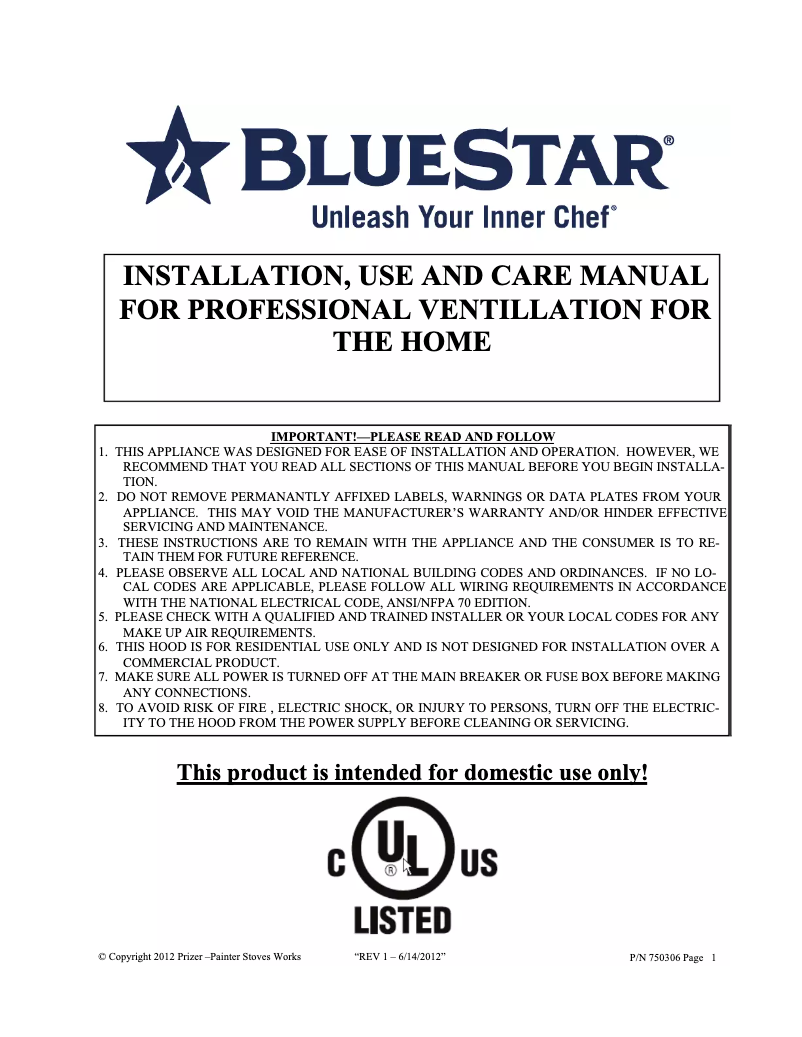 Page n°1 - Manuel utilisateur BlueStar LP036LP