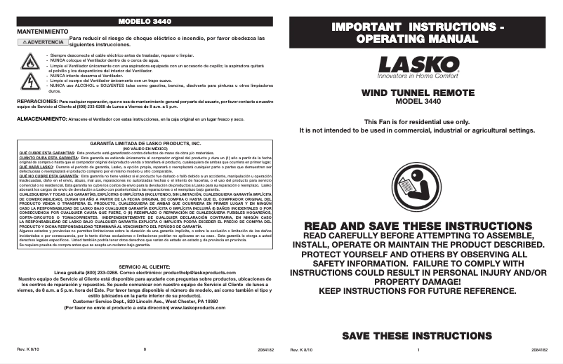 Page 1 de la notice Manuel utilisateur Lasko Wind Tunnel 3440