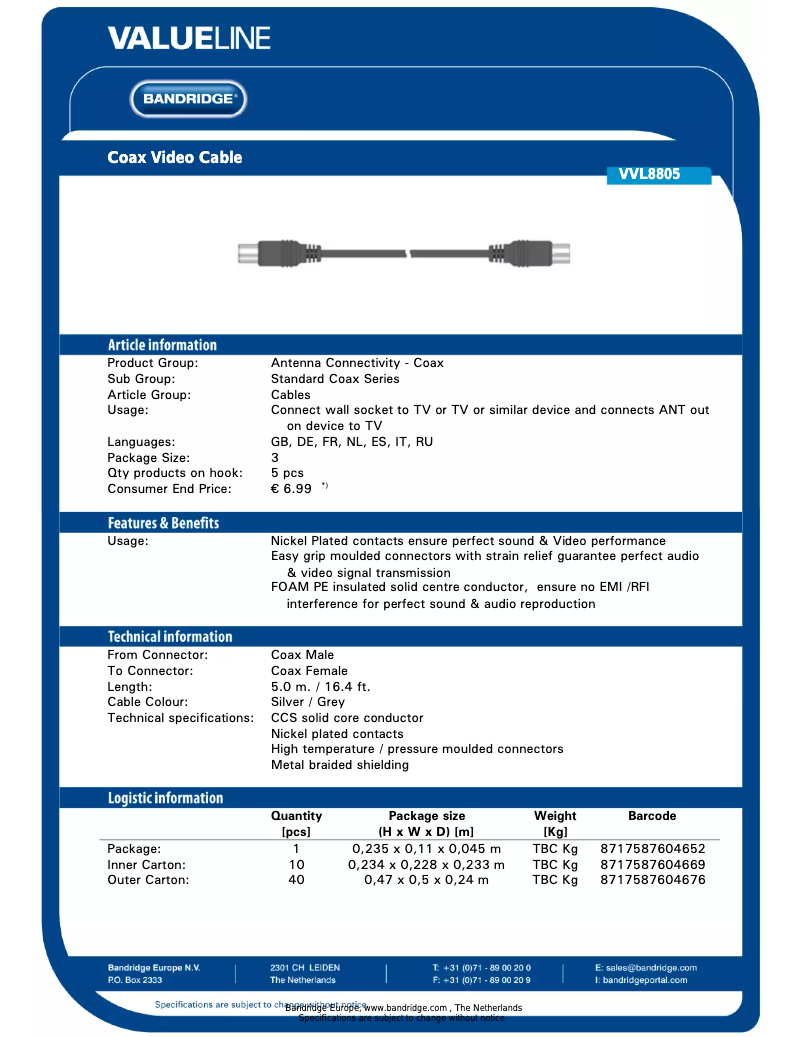 Page 1 de la notice Manuel utilisateur Bandridge Coax Video Cable, 5.0m