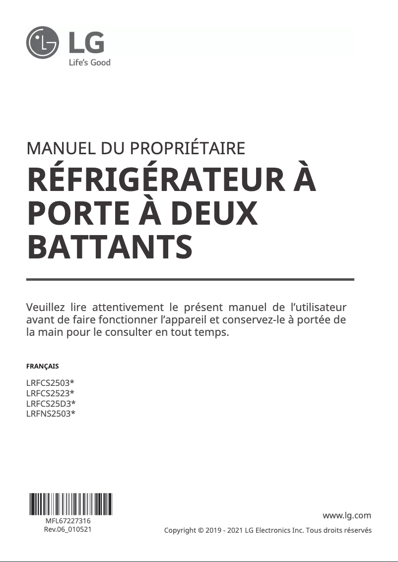 Page 1 de la notice Manuel utilisateur LG LRFNS2503S
