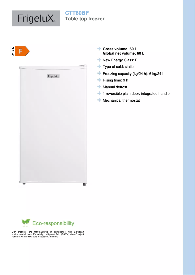 Page 1 de la notice Fiche technique FrigeluX CTT60BF