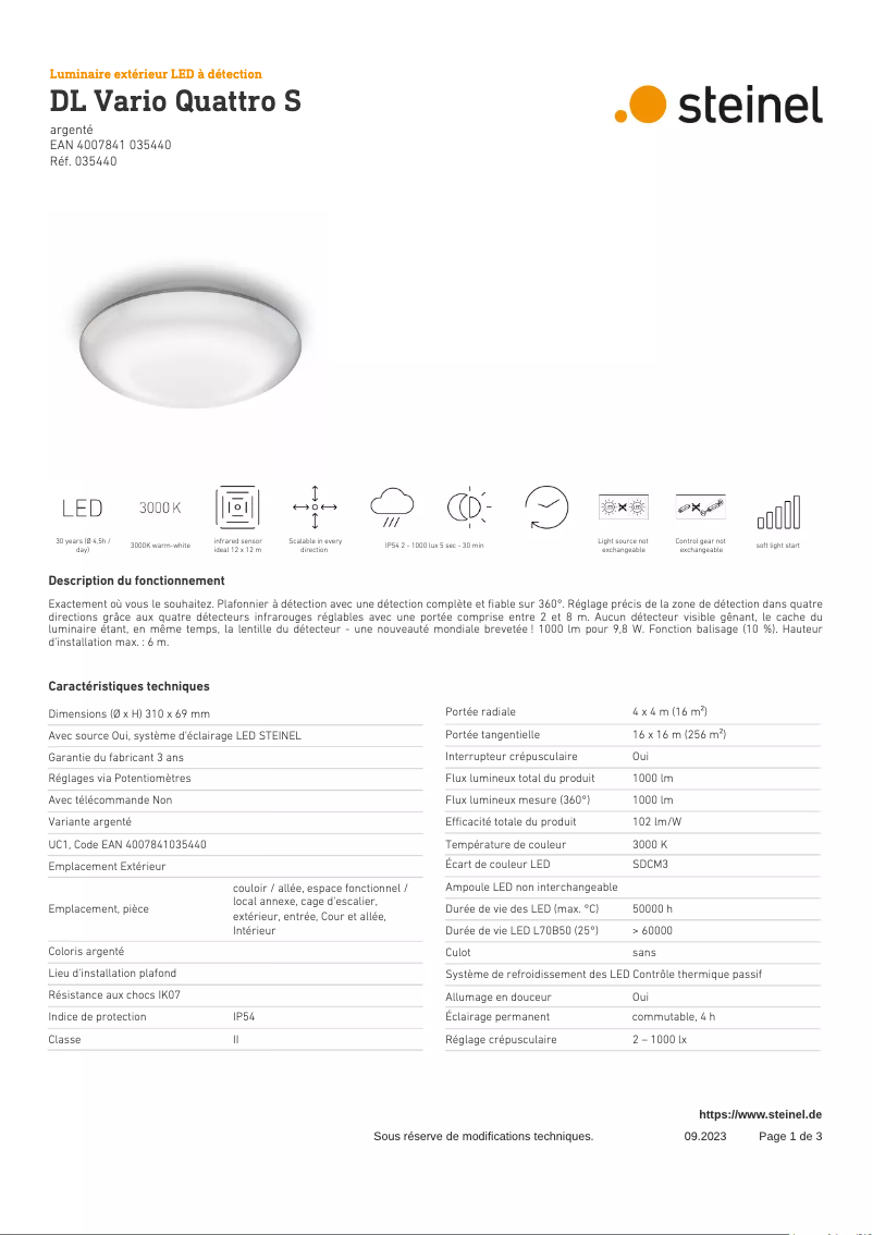 Page 1 de la notice Fiche technique Steinel DL Vario Quattro S