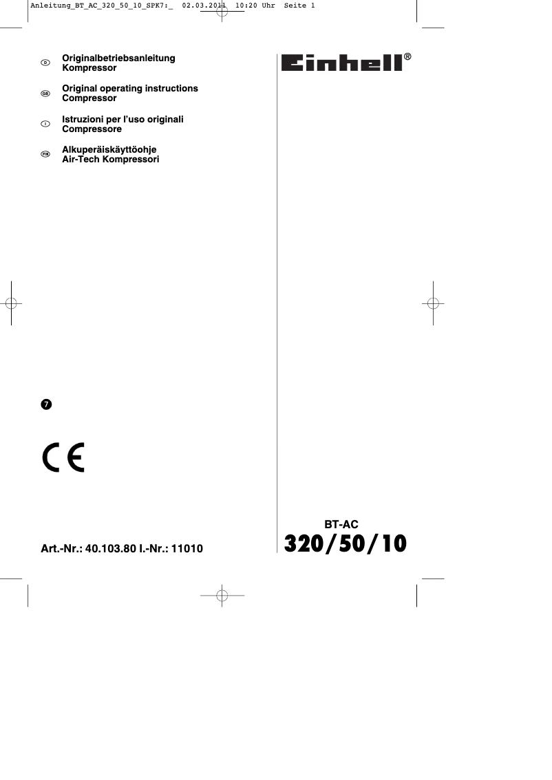 Page 1 de la notice Mode d'emploi Einhell BT-AC 320/50/10