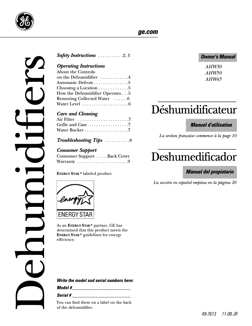 Page 1 de la notice Manuel utilisateur GE AHW50LM